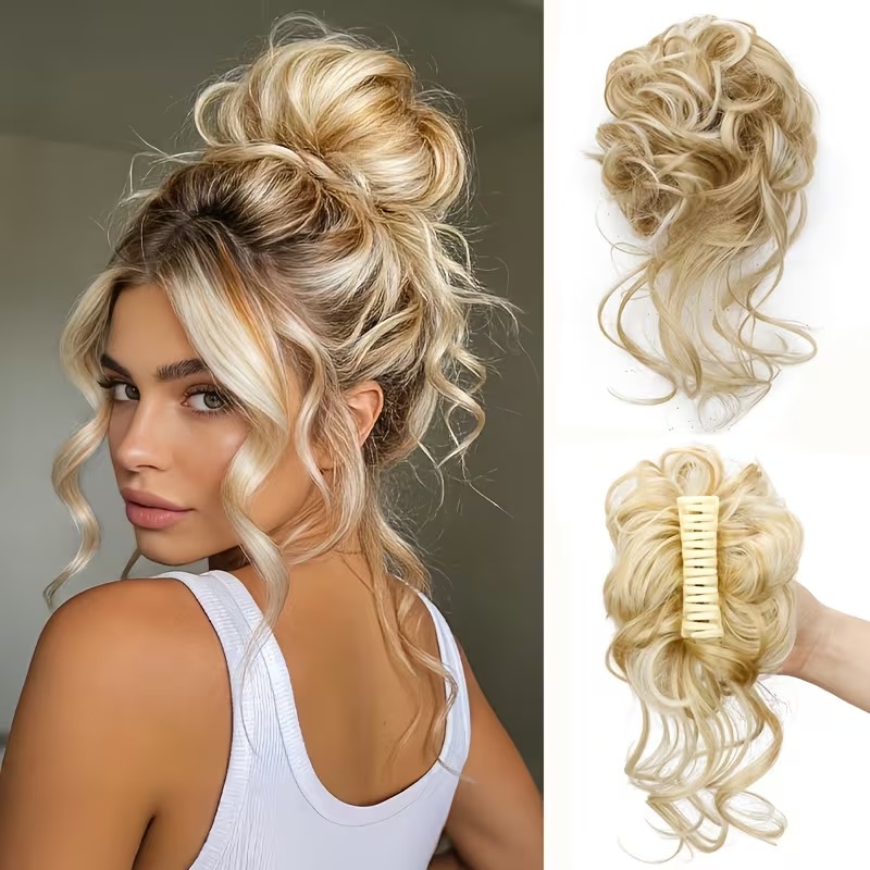 Blonde Curly Claw Clip Messy Bun Hairpiece